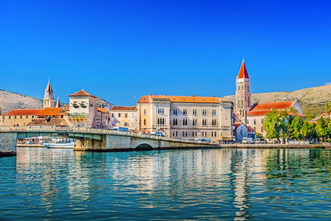 Trogir town coastal view. / Waterfront view at town Trogir, old touristic place in Croatia Europe.