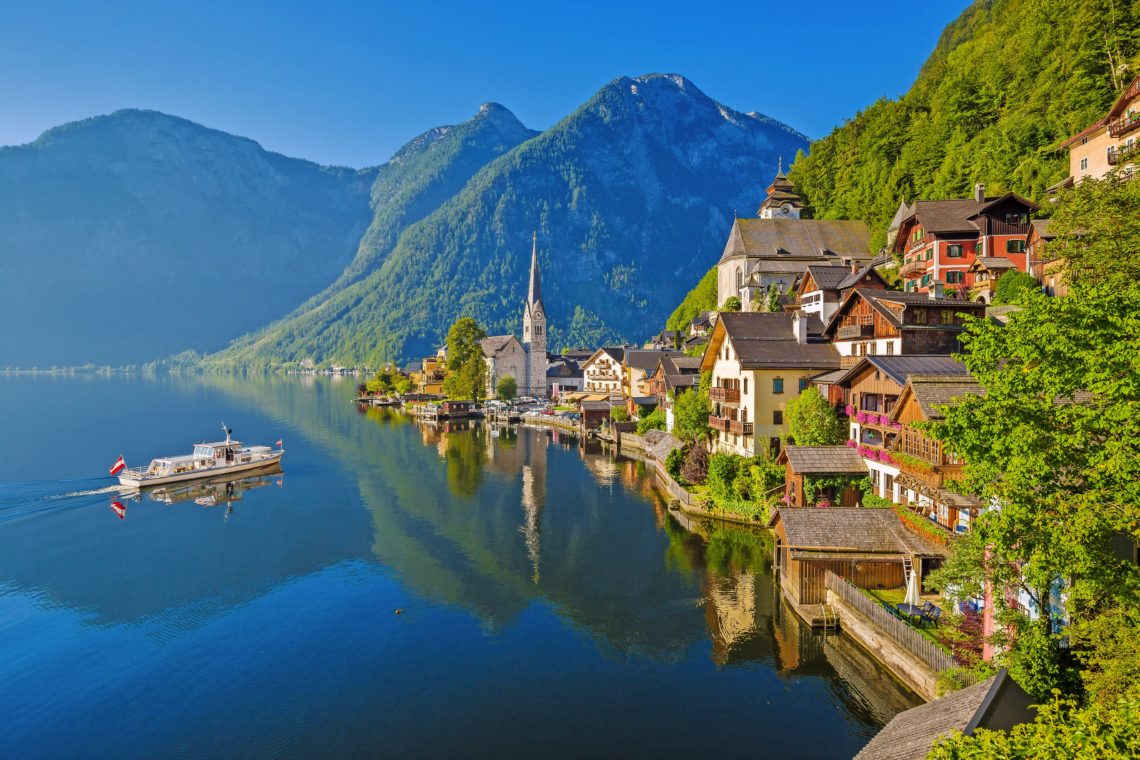 Postcard view of Hallstatt in summer, Salzkammergut, Austria