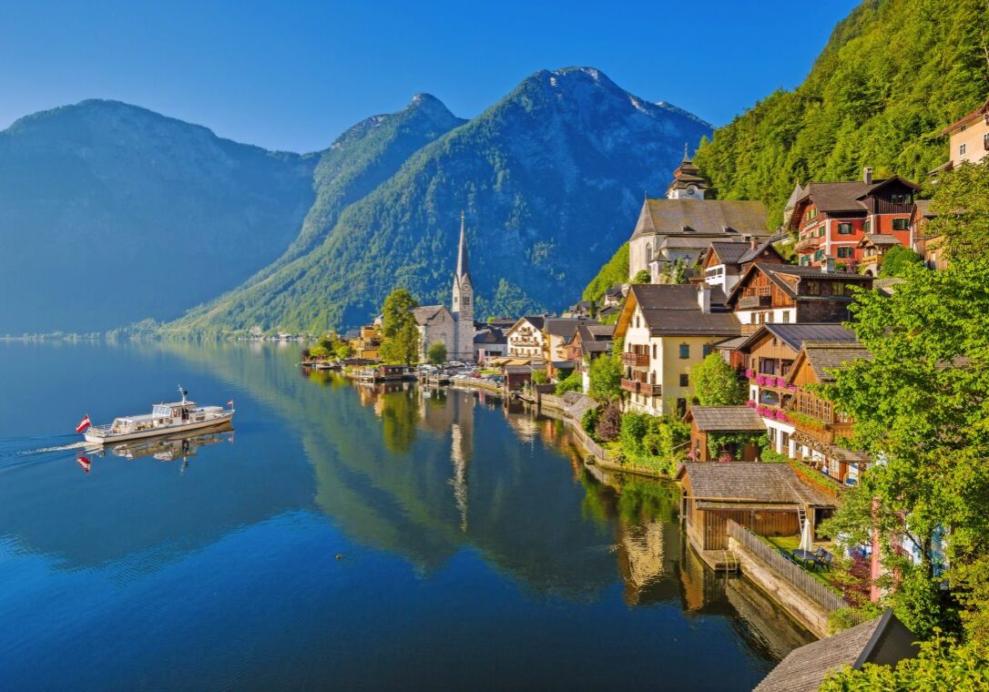 Postcard view of Hallstatt in summer, Salzkammergut, Austria