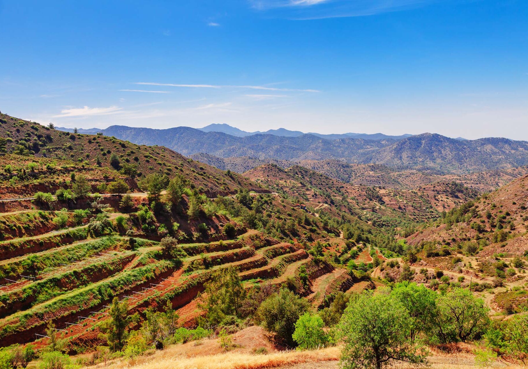 Panoramic view near of Kato Lefkara - is the most famous village in the Troodos Mountains. Limassol district, Cyprus, Mediterranean Sea. Mountain landscape and sunny day.