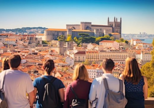 Exploring Lisbon: Tourists Capturing City Landscape with Histori